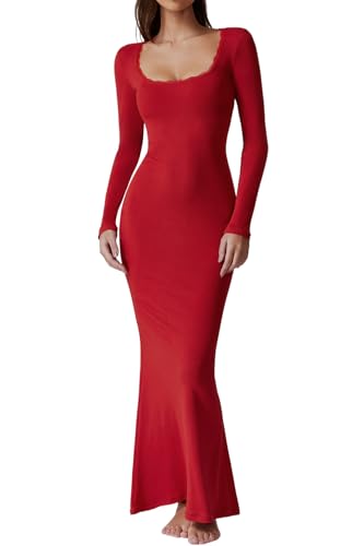 QINSEN Womens Solid Red Maxi Dress Long Sleeve Ribbed Knit Curvy Slim Fit  Formal Cocktail Dress XS at Amazon Women's Clothing store