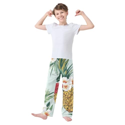 Pineapple Aloha Floral Boys Long Pants Soft Trousers Elastic Waist Kids Lounge Bottoms with Pockets S-XL3