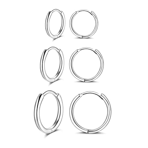 Shuxin Creolen Silber 925 Damen Ohrringe, 3 Paare 925 Sterling Silber Creolen Ohrringe Set, Klein Rund Schlafen Kreolen Ohrringe, Unisex Creolen Ohrringe für Damen Herren, Durchmesser in 10, 12, 14mm Cover