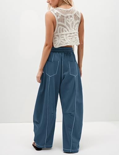 Wide Leg Barrel Sweatpants for Women Baggy Palazzo Pants Drawstring High Waist Color Block Lounge Sweat Pant4