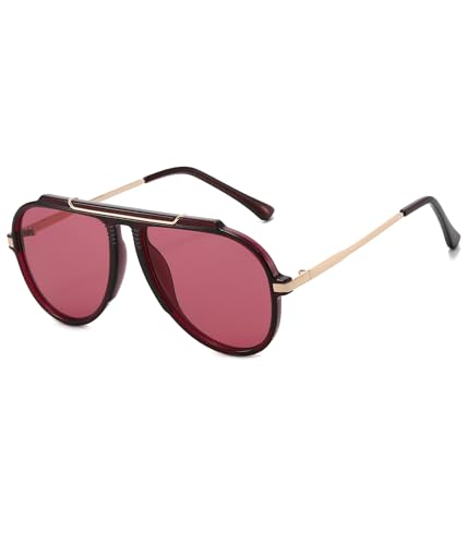 EYLRIM Oversized Retro Aviator Sunglasses for Women Men 70s Trendy Gold Metal Sun Glasses Pilot Shades(Wine Red Frame/Wine Red Lens)