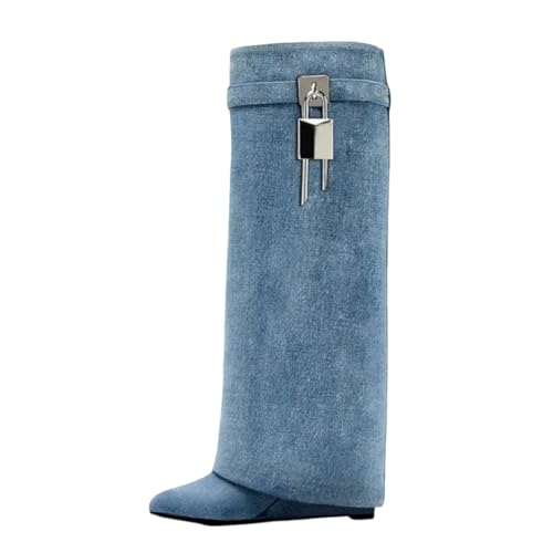 Image of keleimusi Fold Over Wedge Boots Heeled PadLock Pant Knee High Shoes Tall /Short Booties in Black