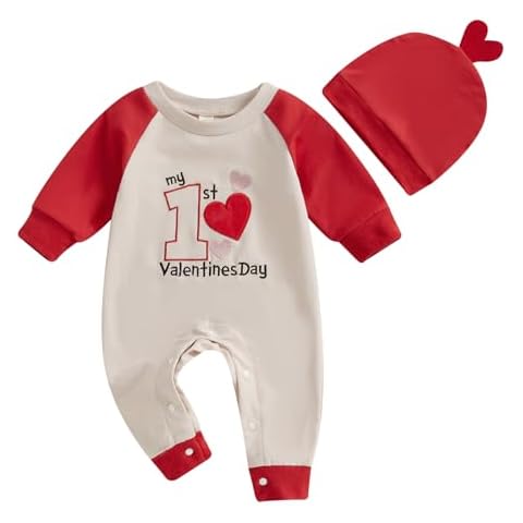 Ledy Champswiin Newborn Baby Boy Girl Heart Romper Jumpsuit My 1st Valentine's Day Clothes with Hat Infant Neutral Outfits (Red, 6-12 Months) Cover