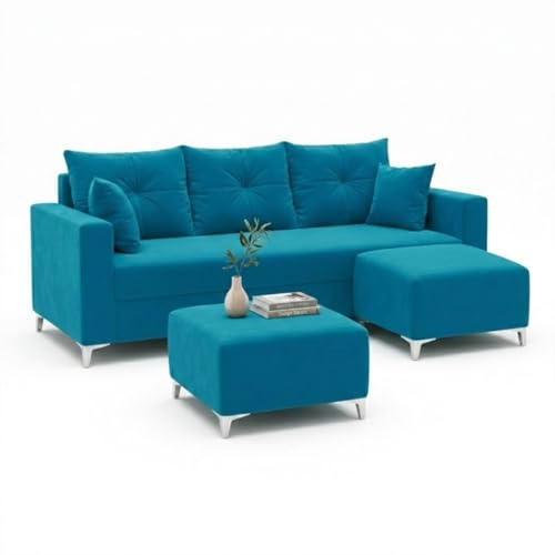 Image of Zora 5 Seater L Shape Sofa Set with 2 Movable Ottomans | Flexible Layout | Rich Velvet Suede Fabric | Silver Legs | Spacious Seating | Modern Sofa for Living Room (Aqua Blue)