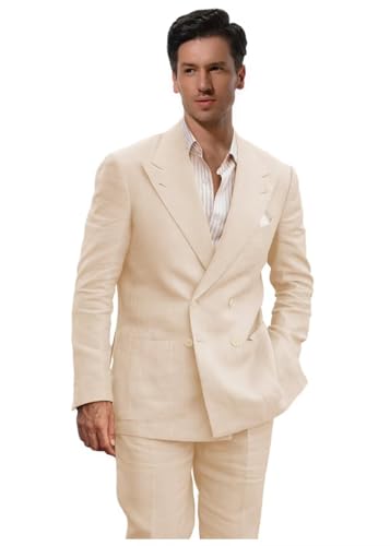Linen Suits for Men Wedding Double Breasted Suit Men Regular Fit Tuxedos 2 Piece Light Weight Blazer Pants for Beach