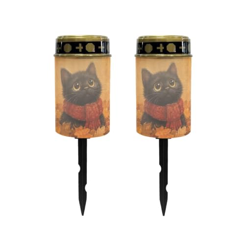 Image of Poceacles Solar Lights Outdoor Waterproof Cemetery Solar Outdoor Candle Grave Decoration Votive Candles Blessed Lights for Loss of Loves One, Black Cat Autumn Leaf, Set of 2
