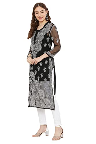Image of FAWOMENT Women's Designer Straight Georgette Hand Embroidered Lucknowi Chikankari Kurta Designed in Side Jhaar Pattern Alongwith Slip