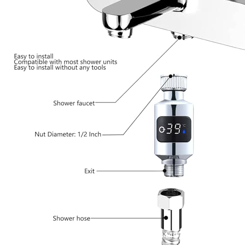 Haofy Thermomètre de Douche à Affichage Numérique LED étanche en Acier Inoxydable, Moniteur de Température de l'eau avec écrou de 1/2 Pouce pour la Maison, la Salle de Bain, la