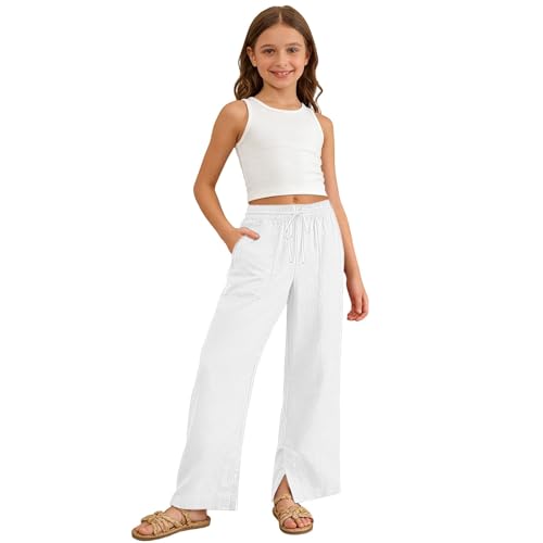 Image of Girls Linen Pants Wide Leg School Uniform Pants Cozy Elastic Waist Summer Casual Beach Lounge Trousers with Pockets