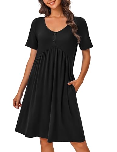 Ekouaer Womens House Dress Floral Print Nightgown with Pockets Mumu Dress Black, Medium