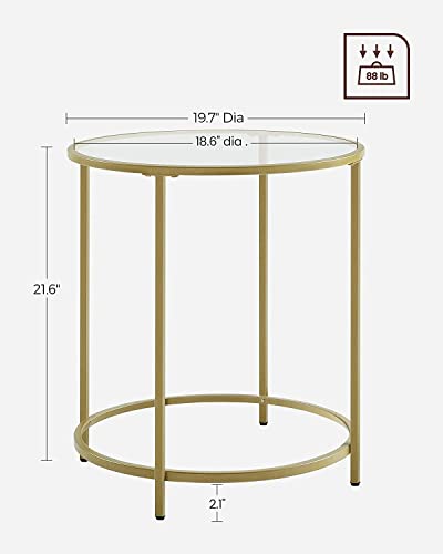 VASAGLE Round Side Tables, Set of 2, Glass End Tables with Metal Frame, Gold Coffee Tables with Modern Style, for Living Room, Balcony, Bedroom, Gold Color