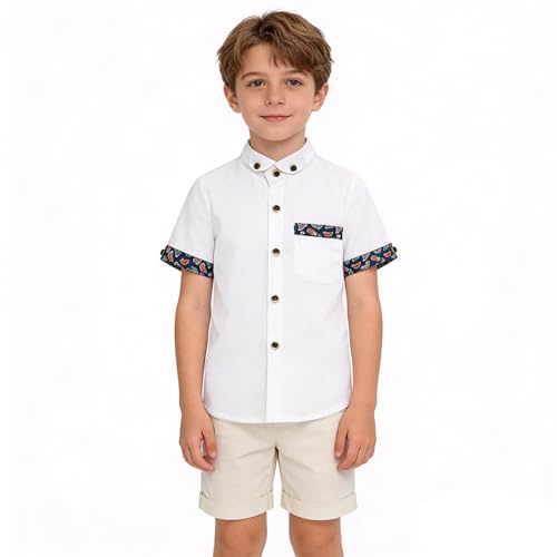 2026 Camisa Casual Mangas Verano niños Botones Ligeros Jugar Libre cómoda12M-16Y (White, 15-16 años)