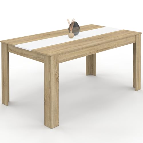 IDMarket – Mesa de comedor rectangular Georgia 8 personas imitación haya y blanca 160 x 90 cm