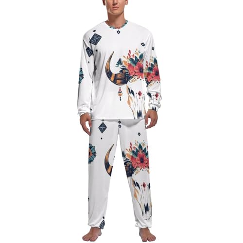 Bulls Skull Mens Pajama Set Soft Long Sleeve Sleepwear Lounge Set Pjs