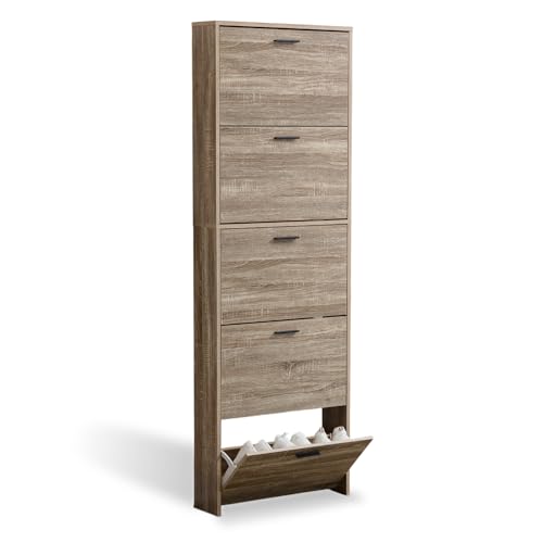 CATAVANA Schuhschrank Schmal Hoch - 5 Fächer für 15 Paar - Schuhregal Geschlossen - Platzsparend & Modern Schuh Regal mit hoher Kapazität - Schuhe Schrank 60 x 17x 180 cm - Shoe Cabinet