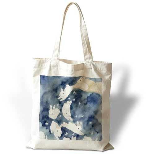 Canvas Tote Bag Starry Bunny Print Tote Bag Reusable Grocery Shopping Shoulder Bags Birthday Thanksgiving Christmas Gift for Rabbit Lovers Aesthetic Bags Casual Canvas Totes for Work Traveling