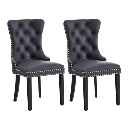 Image of Leather Dining Chairs, Upholstered Dining Room Chairs, Black, Set of 2