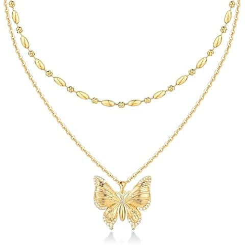 Dremmy Studios Gold Layered Necklaces For Women | 14K Gold Plated Cubic Zirconia Butterfly Pendant Necklace Set | Handmade Beads Cable Chain Choker Necklace Minimalist Adjustable Jewelry Gift Sets Cover