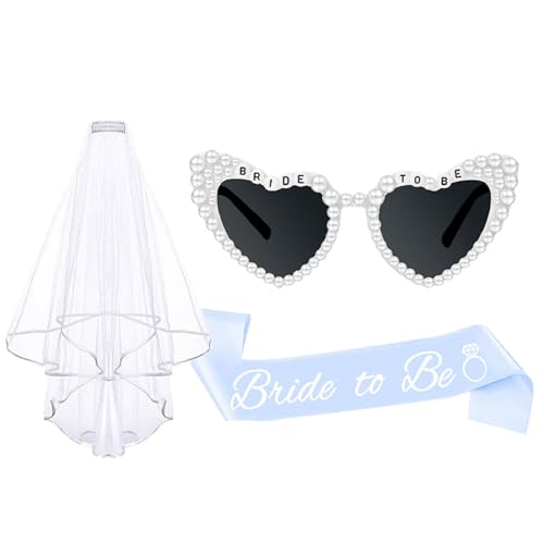 YESELR Bride Sash and Veil Pearl Sunglasses Bride to Be Sashes Veils for Bachelorette Bridal Shower Engagement Wedding Party