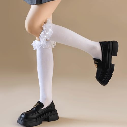 Image of AMHRLINGTO Women's Lace Ruffle Frilly Ankle Socks - Girl Cotton Knee High Socks with Bow Lace Ruffle Trim