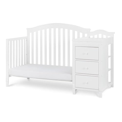 Image of Pemberly Row 4-in-1 Convertible Crib & Changer, Solid Pine Wood, White Finish, Arched Headboard, 3-Level Mattress Adjustments, Includes Changing Pad, Space-Saving Baby Station with Drawers & Shelves
