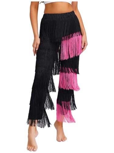 TTAO Pantaloni da ballo da donna latina tango rumba con frange, sala da ballo, salsa, pratica, leggings da allenamento, nero e rosa, XXL