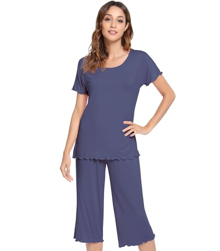 Image of NACHILA Women's Bamboo Viscose Pajama Sets Summer Cooling Short Sleeve Capri Soft Pjs Night Sweats Moisture Wicking Sleepwear