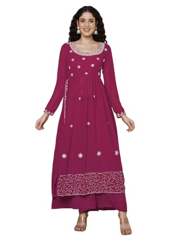 Image of PH POSHAKHUB Women A-Line Nyra Cut Kurta with Sharara in Georgette with Aari Work