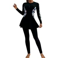 Maillot de Bain Musulman pour Femmes: Maillot de Bain Doux Complet 2 Pièces Burkinabi Maillot de Bain Anti - éruption - Maillot de Bain Islamique Noir-Les Feuilles Bleues XL