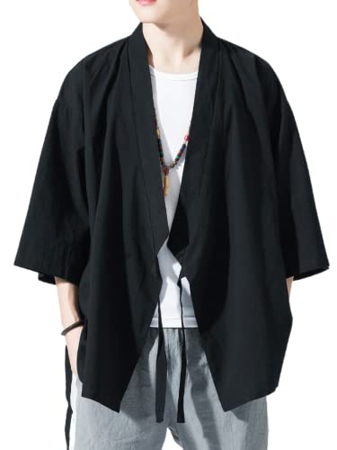Image of Men's Japanese Kimono Cardigan Loose Cotton Linen 3 /4 Sleeve Open Front Casual Summer Shirt Jackets