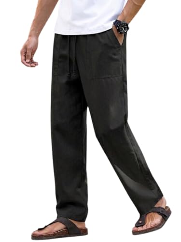 Image of Linen Pant for man | Loose Fit Trouser for Men | Elastic Waist with Drawstring | Perfect for Casual Wear | Lightweight Breathable Fabric | Straight Fit & Side Pocket