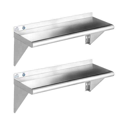 ROCKPOINT Stainless Steel Shelf 12 x 30 Inches 280lb, 2 Pack NSF Metal Commercial Shelves Wall Mount Floating Shelving with Backsplash for Restaurant, Kitchen, Home and Hotel, Silver