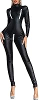 FEOYA Damen Leder Body Langarm Frauen Wetlook Bodysuit Catsuit Langarm Einteiler Overall Jumpsuit Playsuit Sexy Damen Latex Catsuit Ouvert Reißverschluss Body Wetlook Bodysuit E-Schwarz M