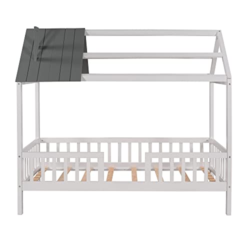 Homsof Twin House Beds Wood Bed Frame Kids Platform Bed With Pine Wood Roof, Fence-Shaped Guardrails, Cabin Bed For Children Kids, Teens, White|Grey, Twin #TOP5