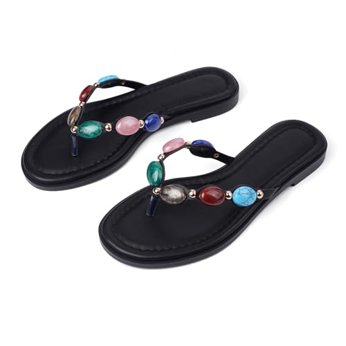 Image of DREAMSTORY Womens Beaded Flip Flops Beach Jeweled Thong Sandals | Open Round Toe, Slip on, Colorful Gemstones Embellished, Fashionable Summer Beach Style, Casual Flat Studded Shoes