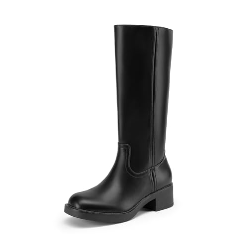 DREAM PAIRS Botas altas hasta la rodilla para mujer, plataforma de punta cuadrada, tacón grueso, botas de campus de plátano para mujer, cómodas botas altas de equitación con cremallera lateral, Negro