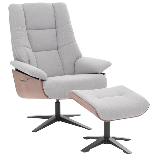 MCA Relaxsessel + Hocker HWC-N57, Fernsehsessel Liegesessel, Bouclé Stoff Holz - grau