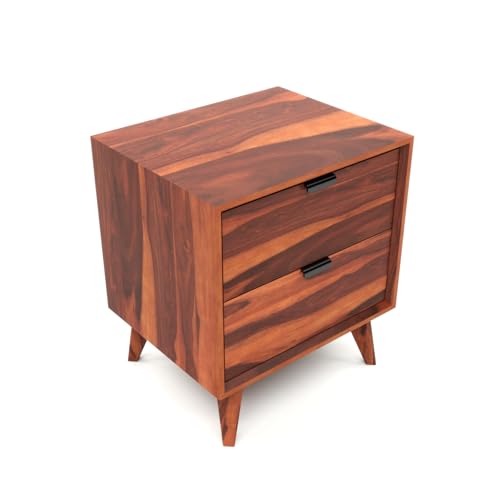 Image of Sheesham Wooden Bedside End Table for Living Room and Home | Solid Wood Bed Side NightStand Table for Bedroom | Wooden Bedside Table with 2 Drawer Storage in Honey Finish