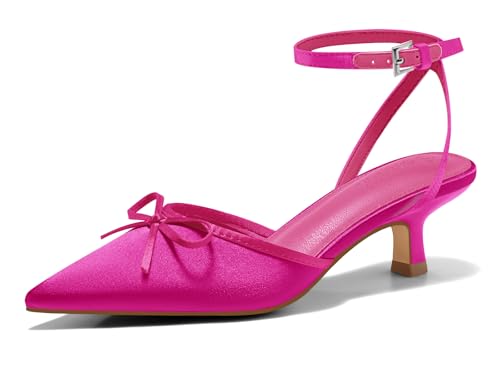 Image of Coutgo Satin Kitten Low Heels with Bow Closed Pointed Toe Short Pumps Dress Wedding Party Shoes