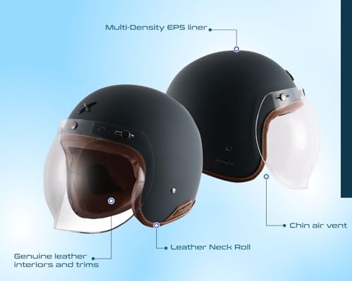 Image of Axor Retro Jet Leather ISI Dot Certified Lightweight Open Face Helmet for Men and Women with Clear Bubble Visor Dull Slate(L)