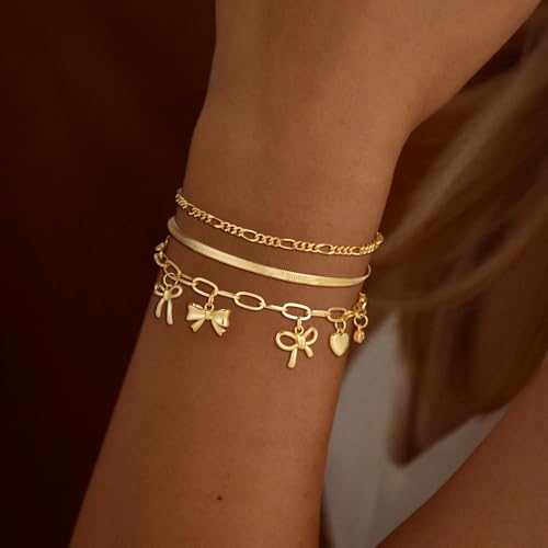 3PCS Charm Gold Bracelets for Women Non Tarnish,14k Plated Gold Bracelet Stack Cute Dainty Stackable Trendy Bow Cross Clover Bracelets Set Tarnish Free Gold Jewelry for Women Gifts2