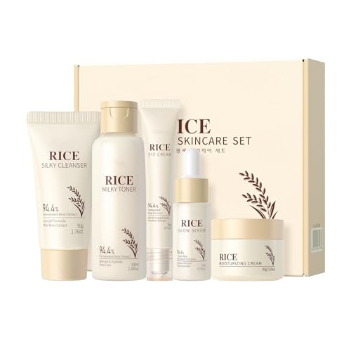 Moisturizing Korean Rice Skin Care Set – Radiance Skincare 5-Step Routine with Rice Cleanser,...