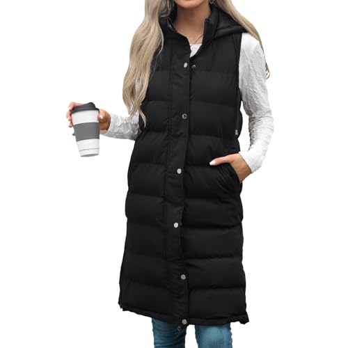 Long Puffer Vest For Women Sleeveless Hooded Jacket Removable Hood Winter Outerwear Coat