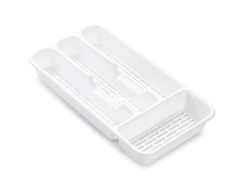 Cubertero para cajón con 4 o 5 compartimentos con agujeros LIBRE BPA, organizador cubiertos con compartimentos apto lavavajillas, separadores de cajones para cocina 32cm (4compartimentos, Blanco)