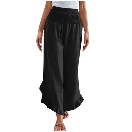 Palazzo Pants for Women Casual Linen Boho Ruffle Hem Travel Trousers Smocked Waist Flowy Beach Vacation Wide Leg Pant