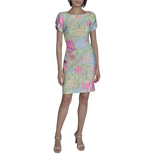 Image of KARL LAGERFELD Short Ruched Sleeve Jewel Neck Sheath Mini Dress