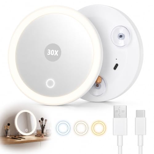 Espejo de Aumento 30X con Luz, LED Aumentos Espejo de Maquillaje con 3 Ventosas de Maquillaje LED Regulable de 3 Colores USB Recargable para Maquillaje y Viaje Blanco 15CM