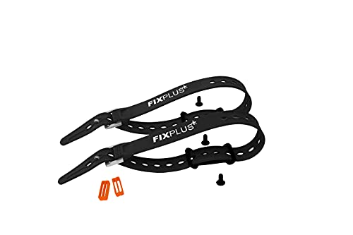 Fixplus Gear Tightener Set 46cm - Fijación de Carga en la Bicicleta para Piezas Grandes - 2X Soportes de Aluminio Incl. Tornillos + 2X Correas de tensión de 46cm Negro y 2X Strapkeepers Naranja Cover
