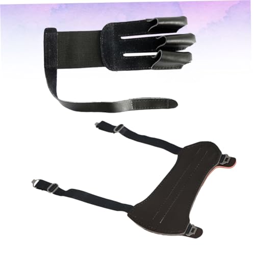 Parliky Three Finger Arm Protector Glove Set with Leather Guard for Recurve Bow Hunting Fit for All Durable Cowhide Material Black Shooting Accessories