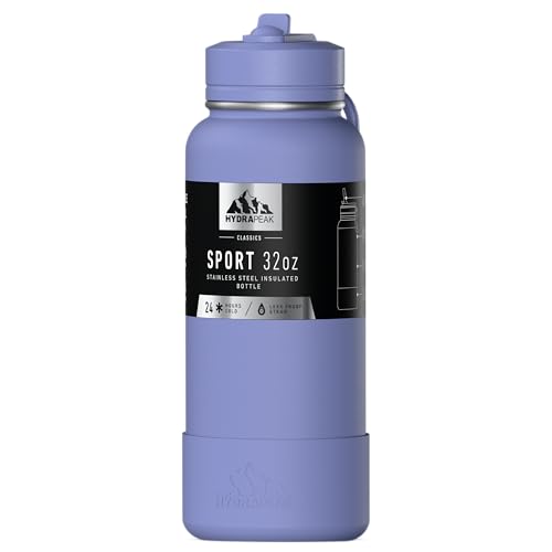 Hydrapeak 32oz Sport Insulated Water Bottle with Straw or Chug Lid, Leak & Spill Proof, Keeps Drinks Cold for 24 Hours, Hot for 12 Hours, Premium Stainless Steel Water Bottles (32oz, Periwinkle)